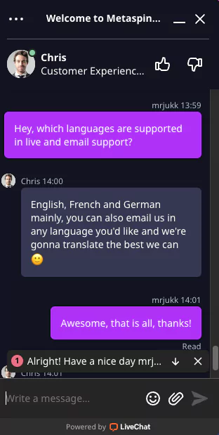 metaspins live chat support