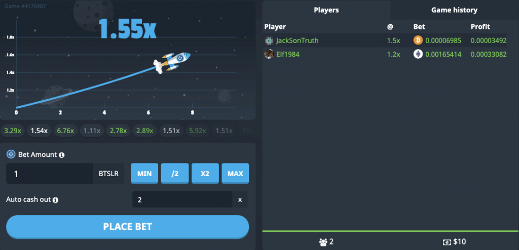 bitsler rocket crash gambling game