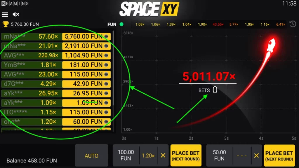 live bets feature space xy crash game