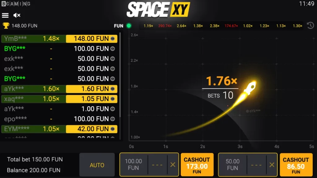 dual betting interfaces space xy crash game