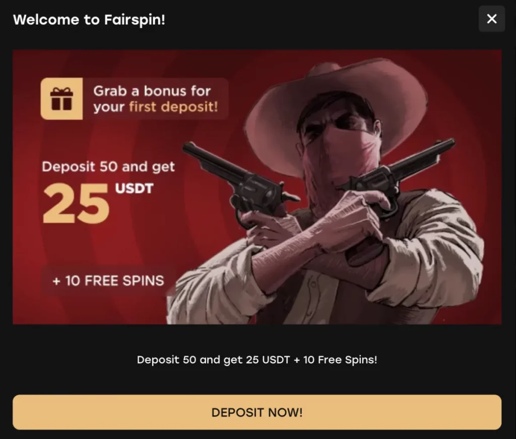 fairspin welcome bonus pop up ad