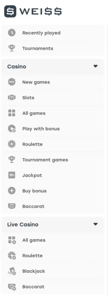 weiss casino game categories