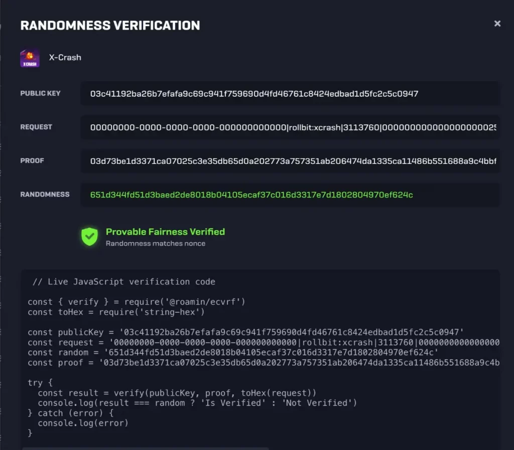 X Crash by Rollbit provably fair